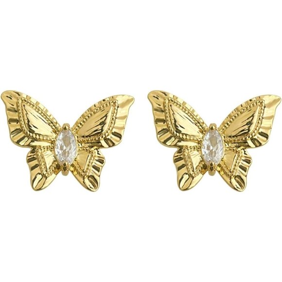Women's Gold Crystal Cute Butterfly Stud Gold Plated Lightweight Earrings - Picture 1 of 5